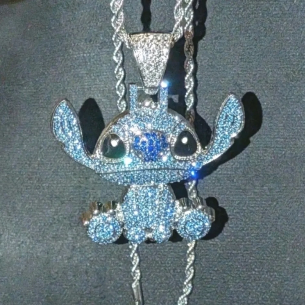 Stitch Character Rhinestone Pendant On Silver Tone Hip Hop Necklace 24